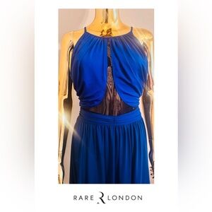 Rare London Blue & Black Elegant Asymmetrical Front Sheer Dress, Size 6